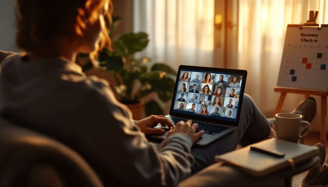 Person sitting comfortably at home on couch with laptop open. Screen shows virtual recovery meeting with diverse faces in video chat grid